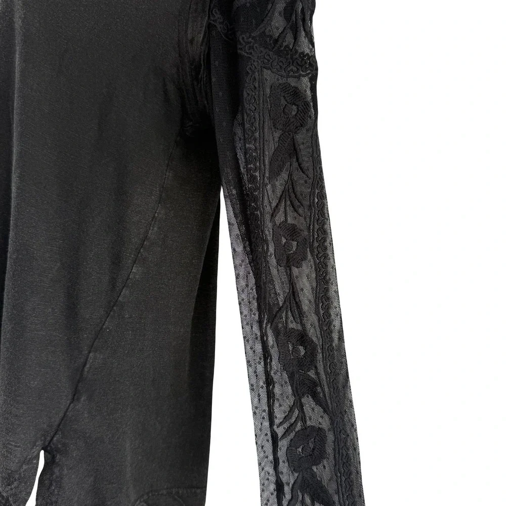 Free People Shirt Womens S Black Sheer Lace Embroidered Sleeve Top Whimsigoth